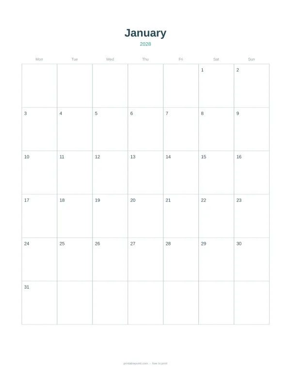 A blank January 2028 calendar grid with days of the week across the top and dates filling the squares.