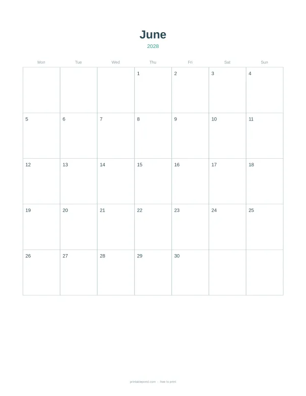 June 2028 calendar grid with days of the week and numbered dates.