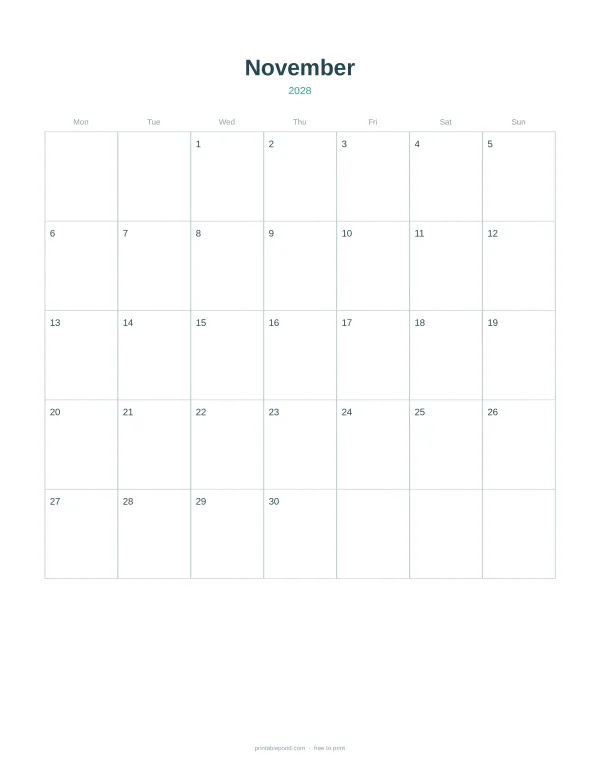 A blank calendar grid for November 2028 with days of the week listed at the top.