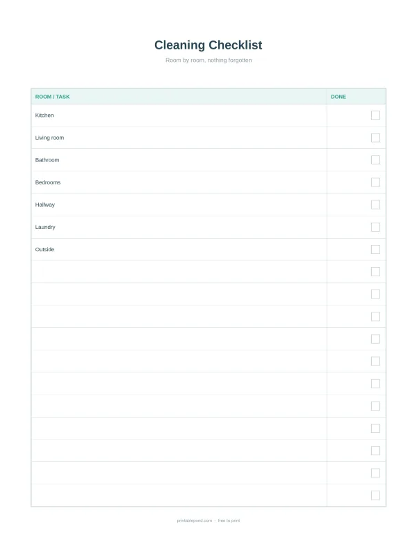 A cleaning checklist with columns for room/task and a checkbox for done, listing kitchen, living room, bathroom, bedrooms, hallway, laundry, and outside.