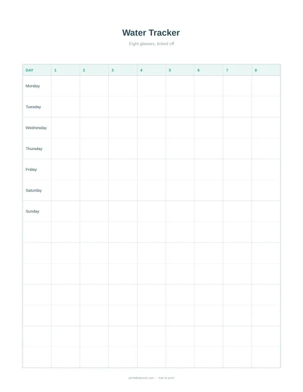 A grid for tracking daily water intake, with days of the week on the left and numbers 1-8 across the top.