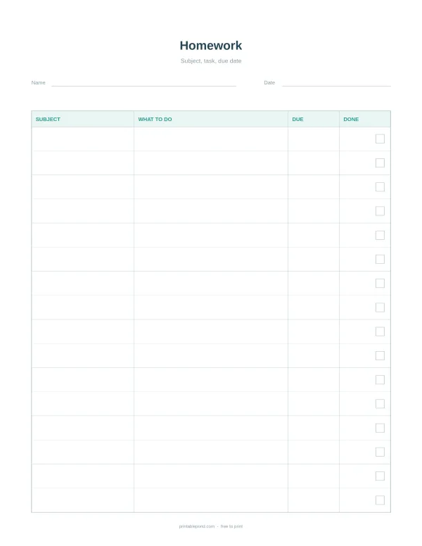 Printable homework planner with columns for subject, what to do, due date, and done checkboxes.