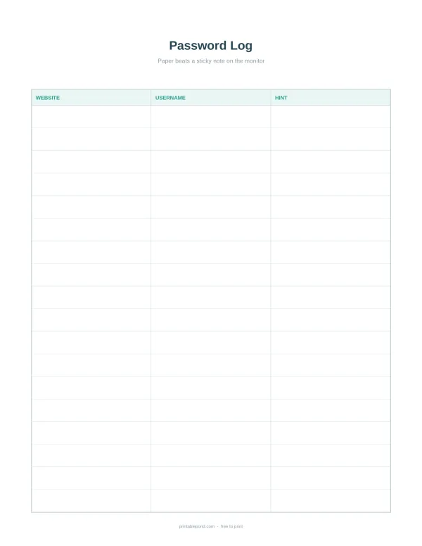 A printable password log sheet with columns for website, username, and hint.