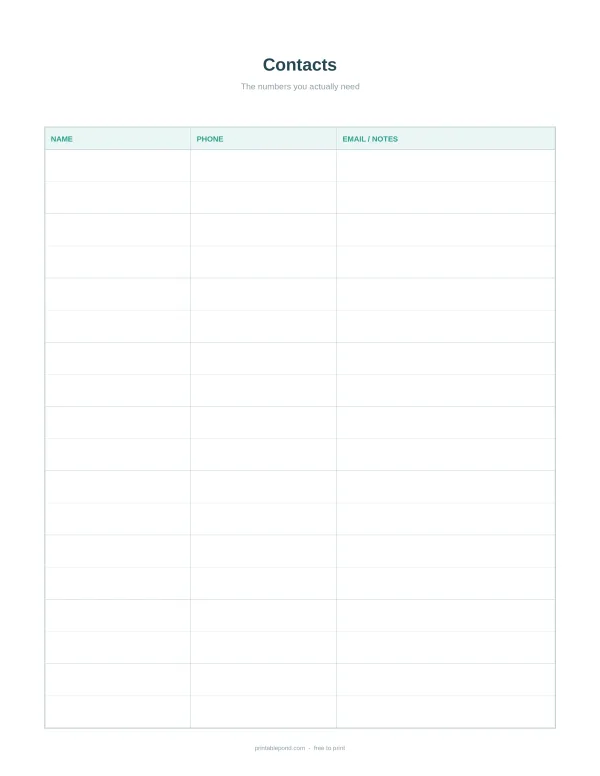 A blank contact list planner with columns for name, phone, and email or notes.