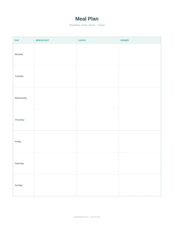 Weekly meal planner with columns for day, breakfast, lunch, and dinner for each day of the week.