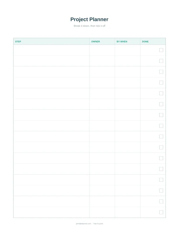 A blank project planner with columns for step, owner, by when, and done.