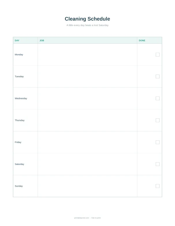 A weekly cleaning schedule planner with columns for day, job, and done checkboxes.