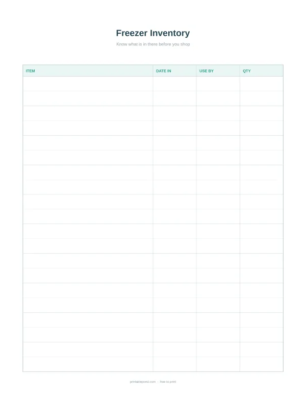 A simple freezer inventory sheet with columns for item, date in, use by, and quantity.