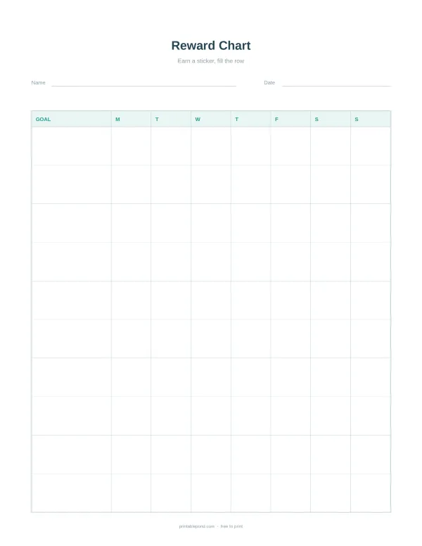 A blank reward chart with columns for days of the week and rows for goals.