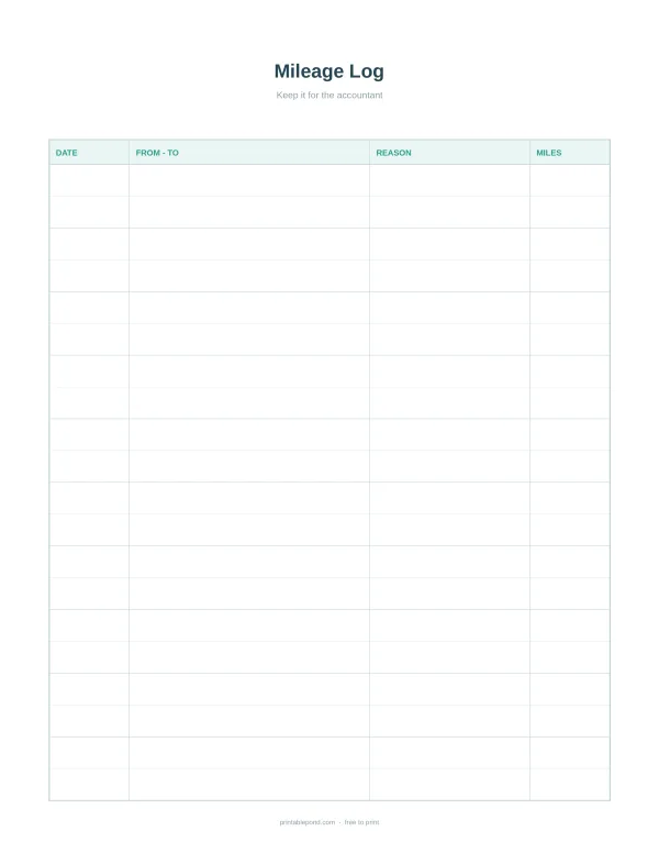 Blank mileage log sheet with columns for date, from-to, reason, and miles.