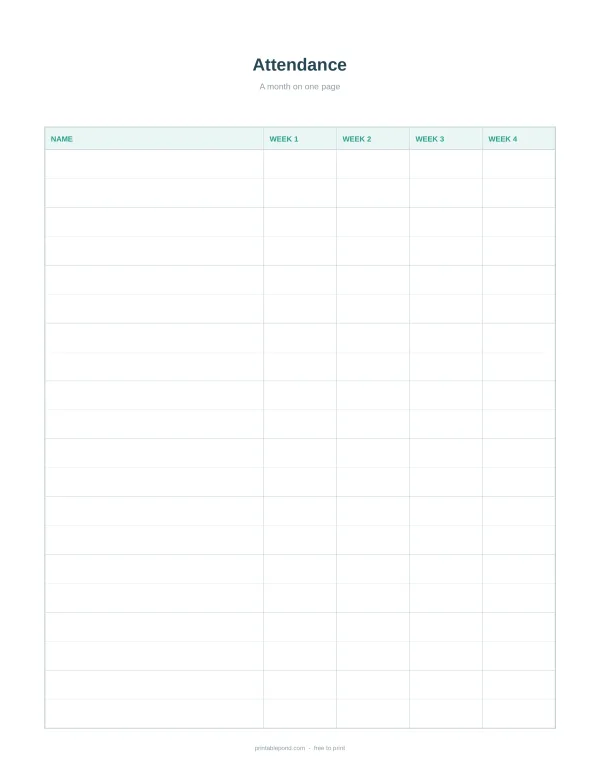 A monthly attendance sheet with columns for name and weeks 1 through 4.