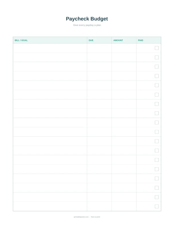 A simple table with columns for bill/goal, due date, amount, and paid status with checkboxes.