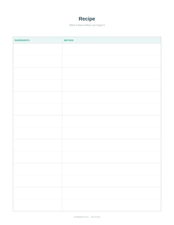 A blank recipe card sheet with two columns labeled Ingredients and Method and horizontal lines for writing.