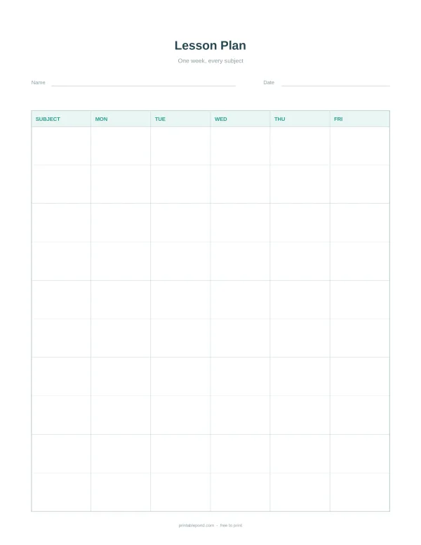 Weekly lesson plan grid with columns for subject and days Monday through Friday.