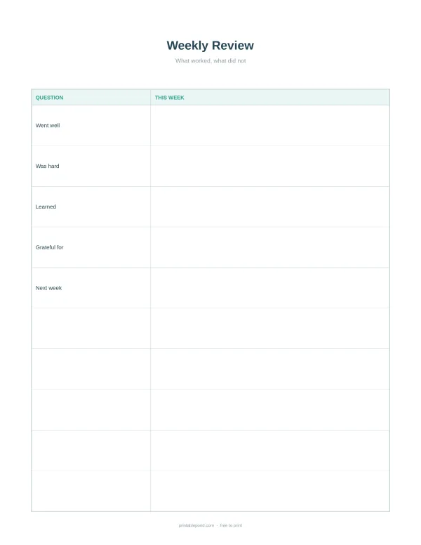 Weekly review planner page with sections for questions and this week's responses.