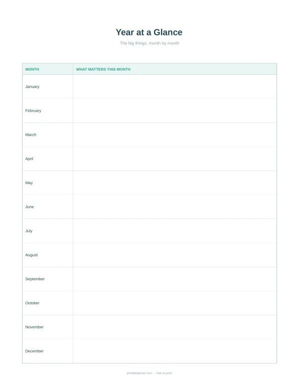 A year at a glance planner with a column for months and a larger column for notes.