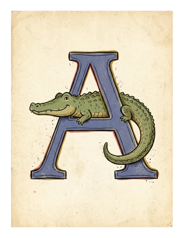 Green alligator curled around and through the letter A on a beige background.
