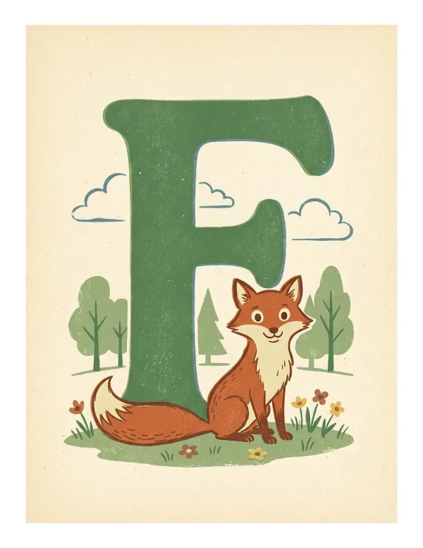 A smiling fox sits in grass next to a large green letter F with trees and clouds in the background.