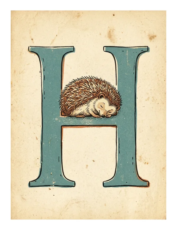 A sleeping hedgehog rests on a decorative blue letter H against a textured beige background.