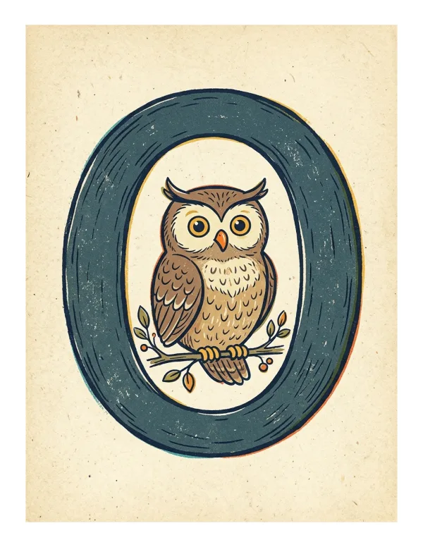 A brown owl with yellow eyes sits on a branch inside a dark blue oval letter O.