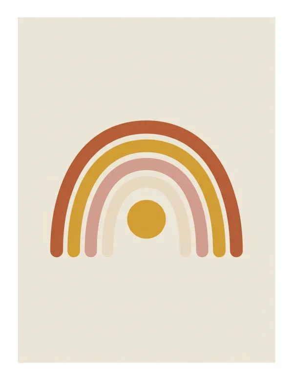 A simple boho rainbow arch with a sun inside, in muted earth tones on a cream background.