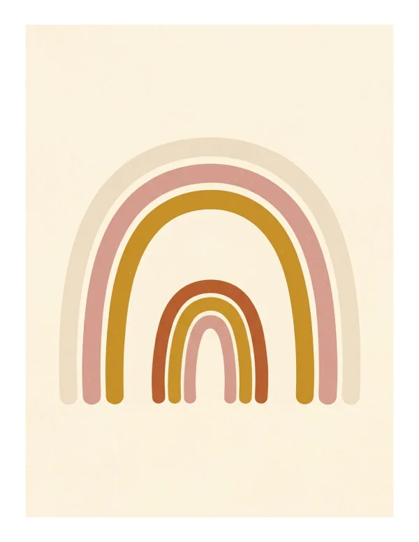 Two nested rainbow arches in muted pink, gold, and rust colors on a cream background.