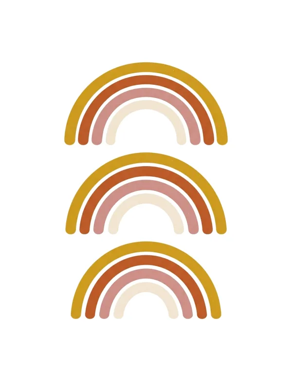 Three stacked boho rainbow arcs in mustard yellow, rust orange, blush pink, and cream colors.