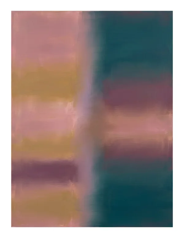 Abstract painting with soft horizontal bands of pink, gold, and plum against a deep teal background.