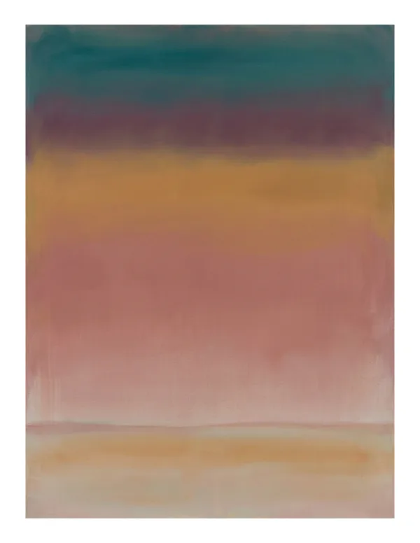 Vertical abstract painting with horizontal bands of color transitioning from dark teal to purple, gold, and pink.