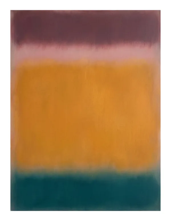 A color field painting with soft horizontal bands of purple, pink, orange, and teal.