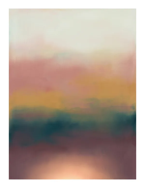 Abstract wall art with horizontal bands of color fading into each other, soft pinks, oranges, and teal.