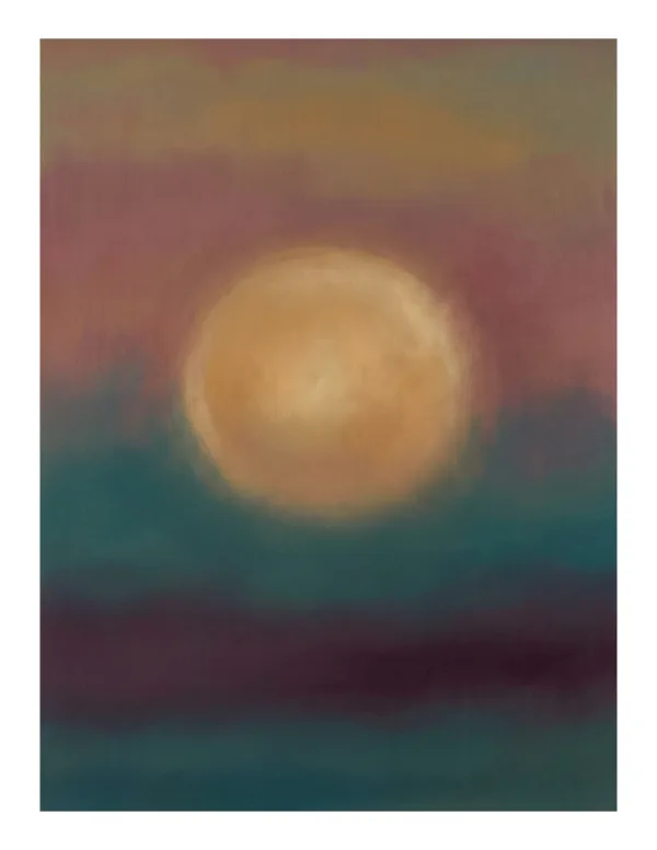A soft yellow-orange circle glows in the center against a background of horizontal bands of color.