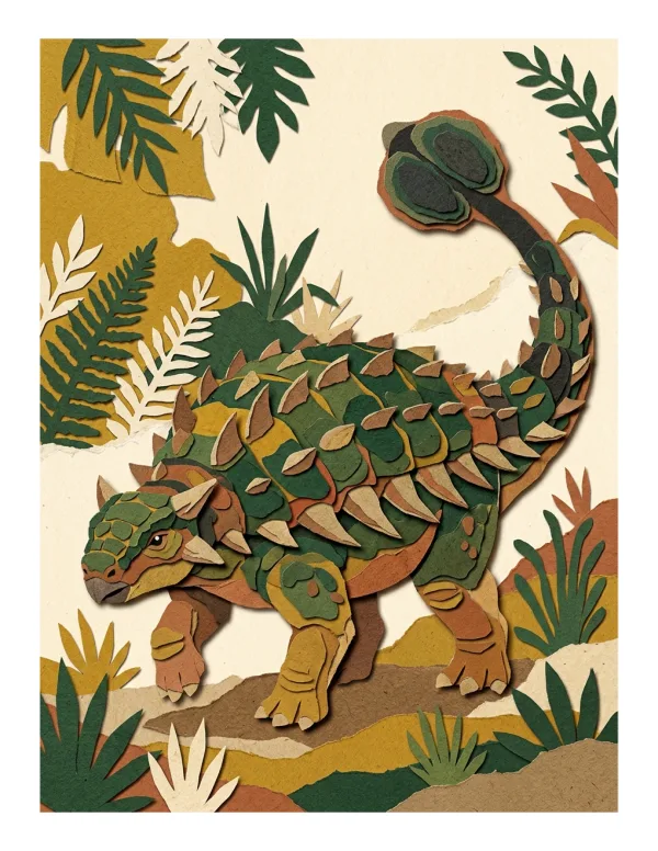 Paper art of an Ankylosaurus dinosaur walking through a jungle with green and brown foliage.