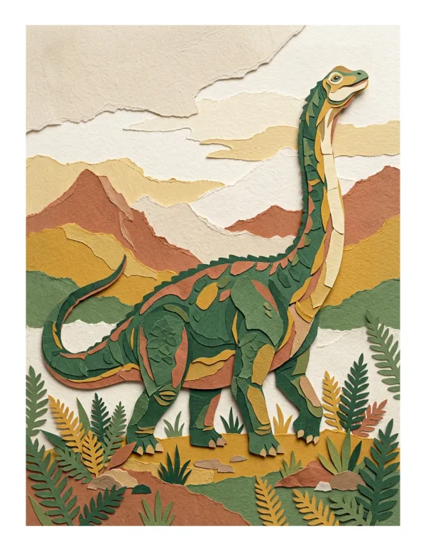 A green brontosaurus walks through a landscape with ferns and layered mountains under a cloudy sky.