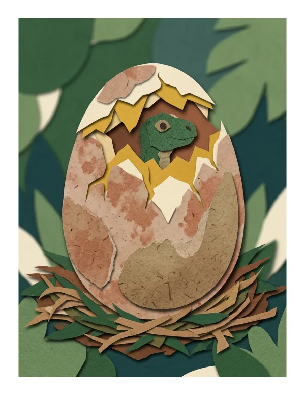 A small green dinosaur peeks out from a cracked egg on a nest, surrounded by leaves.