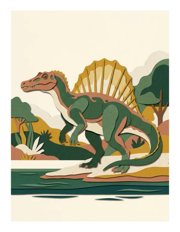 Spinosaurus dinosaur standing in a prehistoric landscape by colorful trees and water.