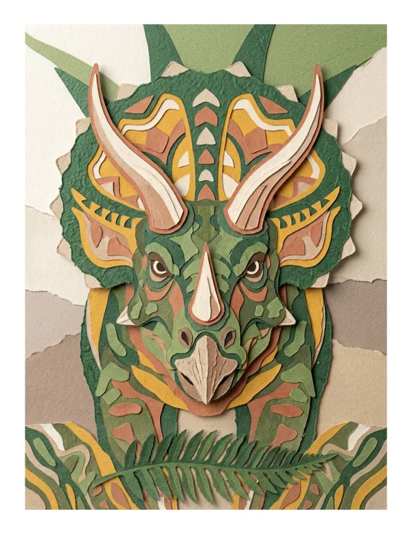 Layered paper art of a green triceratops dinosaur facing forward with large horns and a frill.