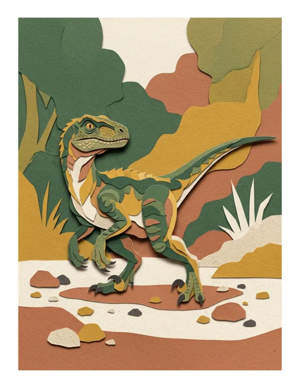 A green and yellow Velociraptor dinosaur walks through a prehistoric landscape made of layered paper.