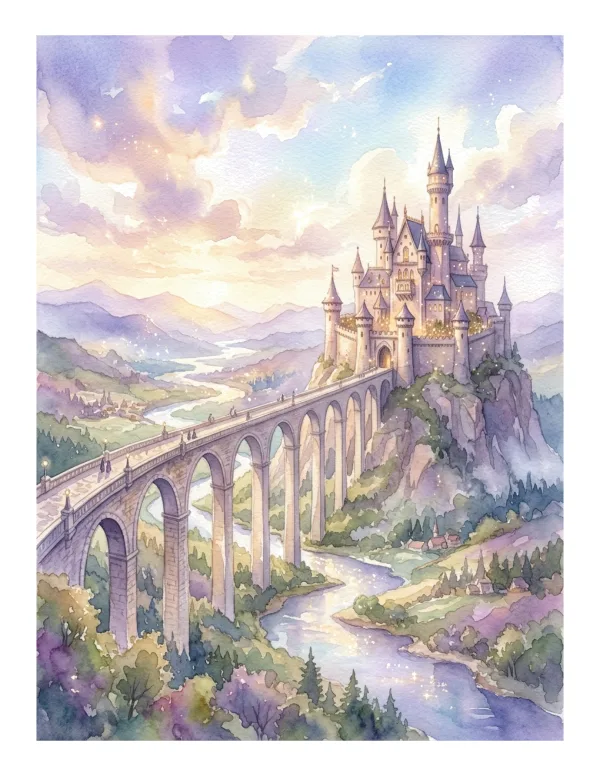 Watercolor painting of a grand castle perched on a cliff overlooking a river and valley, connected by a stone bridge.