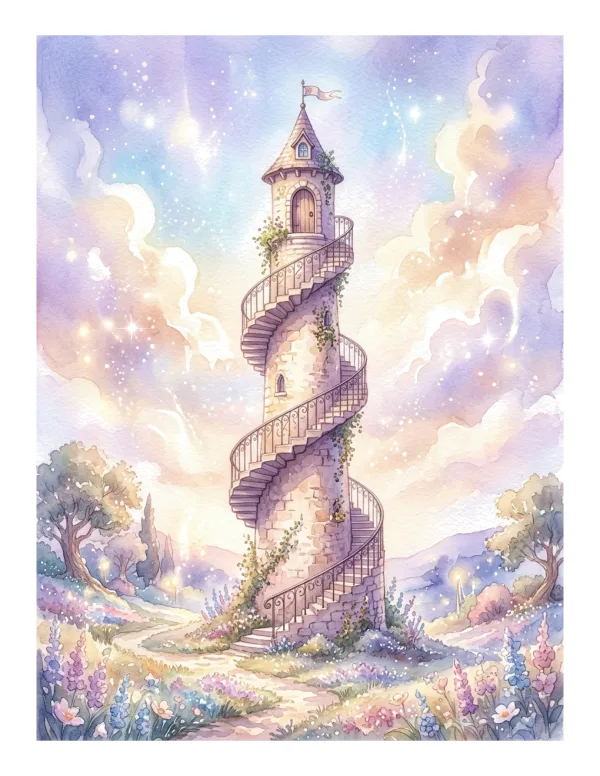 Stone tower with a winding spiral staircase surrounded by a magical landscape of flowers and starry sky.