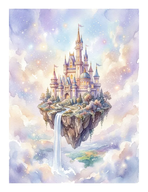 A whimsical watercolor painting of a grand castle perched on a rocky island floating in a pastel sky with clouds and stars.
