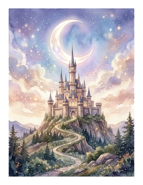 A grand stone castle sits on a hill under a large crescent moon and starry sky.