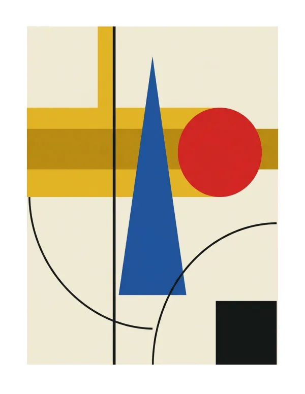 A geometric abstract composition with a tall blue triangle, red circle, and yellow and black rectangles on a cream background.