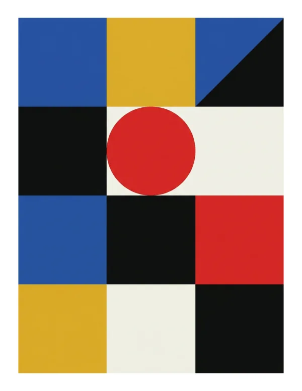 A grid of squares in blue, yellow, black, and white with a red circle and a black triangle.