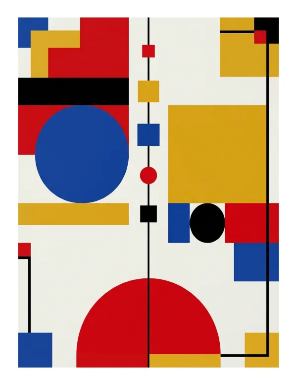 Abstract composition with red, yellow, blue, and black geometric shapes and lines on a cream background.