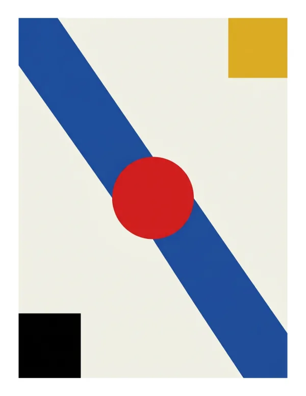 Abstract geometric wall art with a diagonal blue bar, a red circle, a black square, and a yellow square on a cream background.