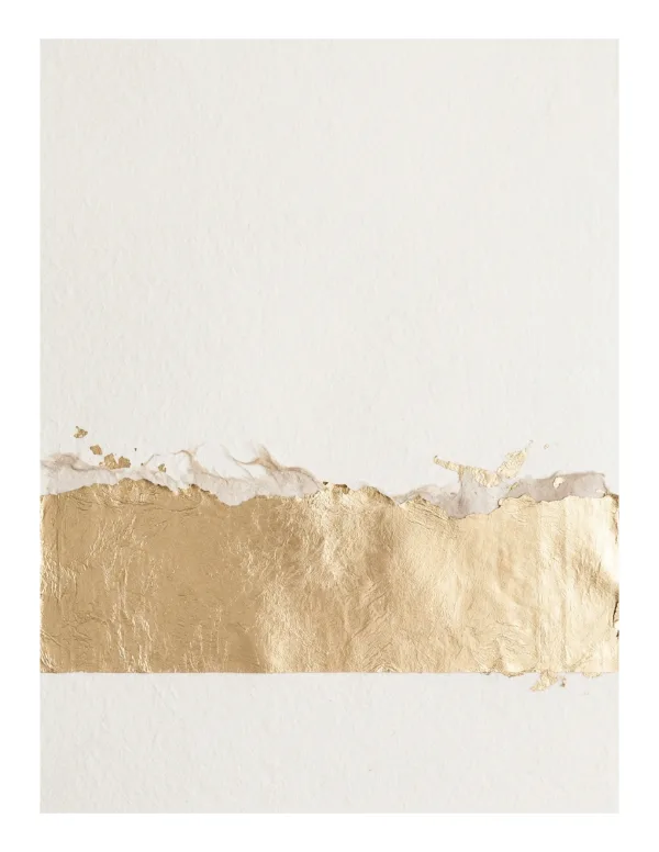 Abstract horizontal stripe of textured gold leaf on a cream textured background.