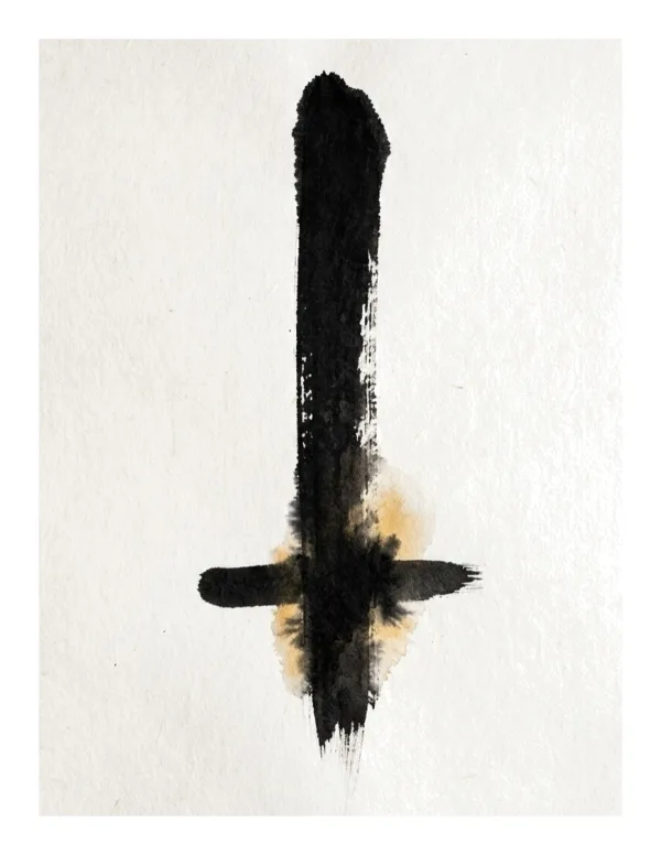 A vertical black ink brush stroke with a horizontal stroke across the middle on a textured off-white background.