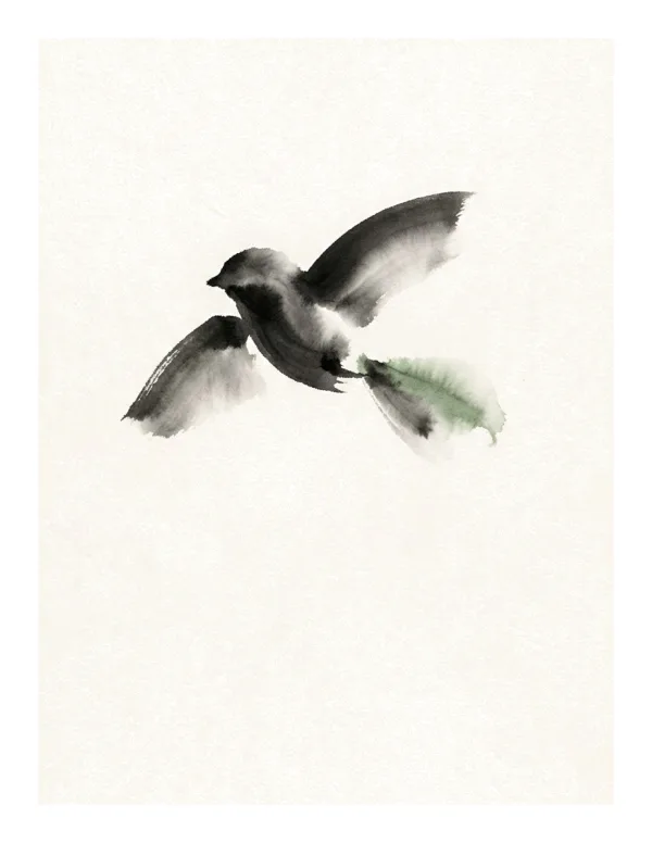 A bird in flight painted with loose ink wash strokes, with a touch of green on its tail feathers.