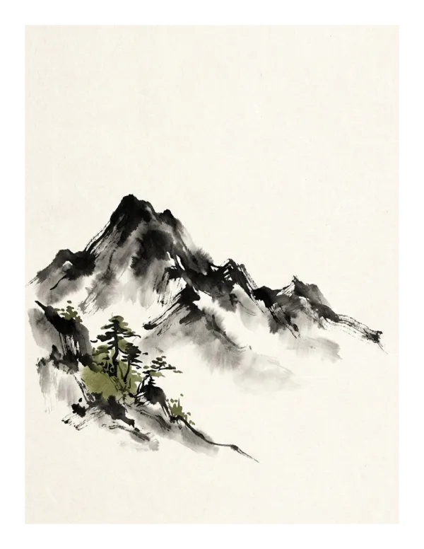An ink wash painting of a solitary mountain range with misty valleys and a few pine trees.